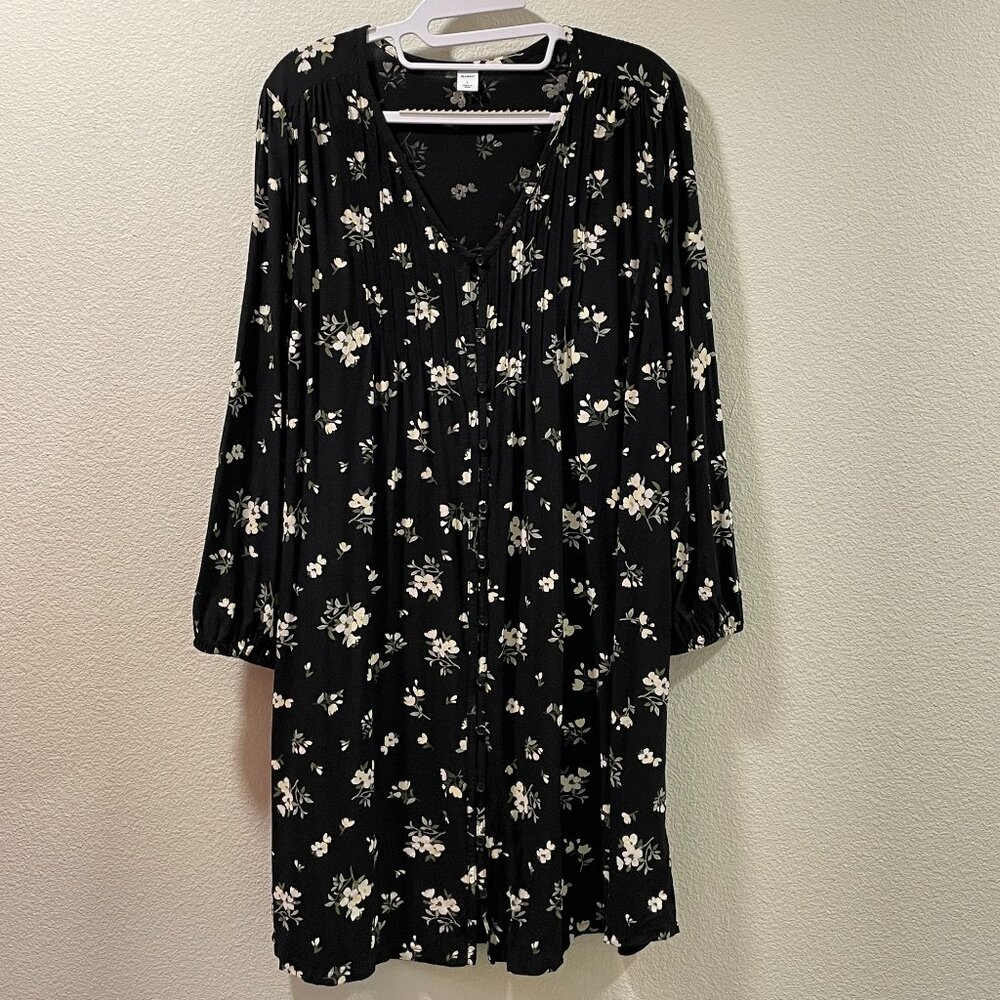 OLD NAVY Long Sleeve Button Down Dress Vintage Inspired Floral, Black - L